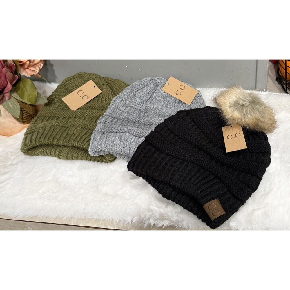 Bundle of 3 CC Beanie Woman’s Knit Slouchy Thick Cap Hat Solid Colors - Picture 3 of 16
